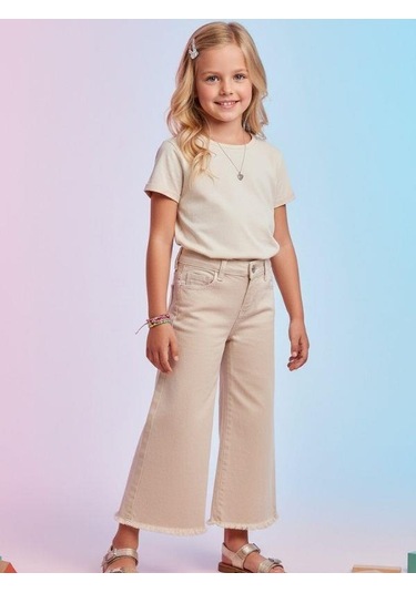 Zekids Kız Çocuk Pamuklu Paçaları Püsküllü Pantolon-16677 Bej