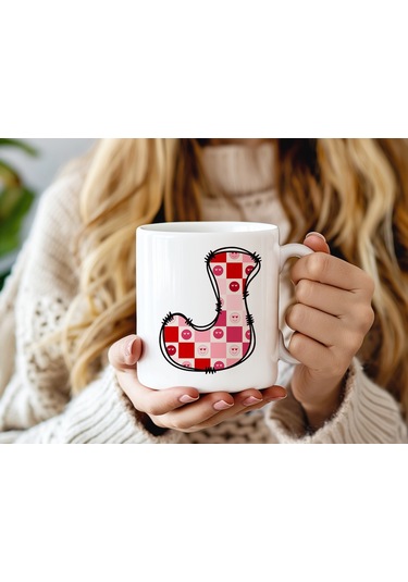 J Harfi Pembe Kareli Kalpli Göz Emojili Kupa Bardak Eğlenceli Kareli Tasarım Kahve Çay Kupası 07 Beyaz