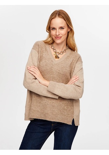 Faik Sönmez Önü Buklet Örgü V Yaka Kadın Triko Bluz W26trb014 Bej