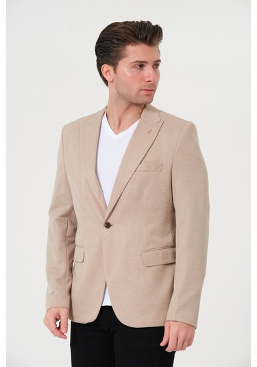 Bonesti Erkek Slim Fit Blazer Ceket Krem Kırçıllı