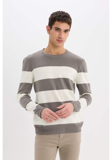 DeFacto Standart Fit Bisiklet Yaka Çizgili Triko Kazak D1968AX24AUGR308