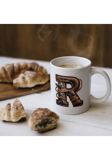 R Harfi Kovboy Temalı Bardak 330 Ml İsim / Harf Kişiye Özel Hediye - Vahşi Batı Konsept Beyaz