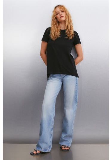 GRIMELANGE Samantha Kadın %100 Organik Pamuklu Comfort Fit Arkası Uzun Basic Örme Siyah T-shirt Siyah