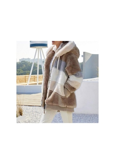 Kapüşonlu Sıcak Tutan Fermuarlı Kaşmir Kadın Peluş Mont - Haki
