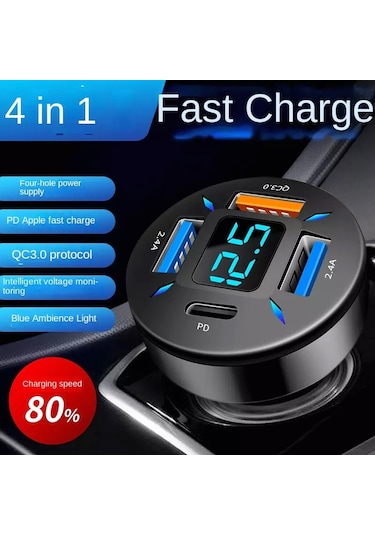 4'ü 1 Arada Usb 66w Dijital Ekranlı Araba Süper Hızlı Şarj Cihazı
