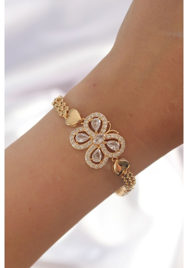 Ezoconcept Pirinç Gold Renk Zirkon Taşlı Kelebek Figürlü Parçalı Model Bileklik Çok Renkli