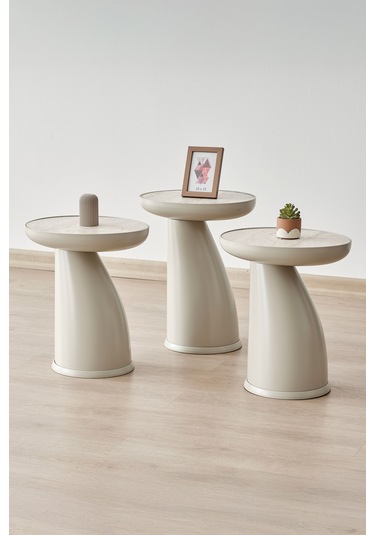 Altınaks Mobilya Elips 3'lü Sehpa, Yan Sehpa, Zigon Sehpa - Kumtaşı & Traverten Desenli Tabla Kumtaşı Renk Gövde & Traverten Desenli Tabla