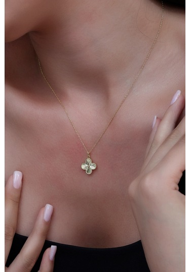 14k Altın Kaplamalı 925 Ayar Gümüş Kalemli Granada Saray Yoncası Kolye - 23183101 Altın