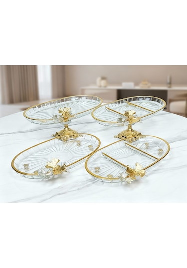 Elta Collection Yeni Seri 4 Parça Paşabahçe Gold Yaldızlı Metal Ayaklı Sunum Seti Kurabiyelik Hediyelik Gold Oval