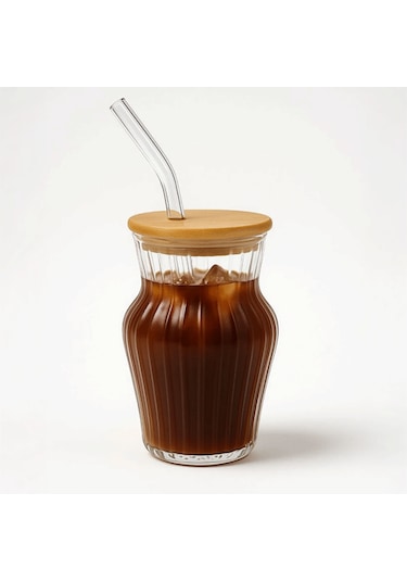 Çizgili Chubby Borosilikat Cam Bardak 500 Ml - Bambu Kapaklı Şeffaf