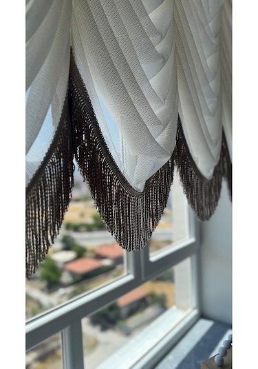 Diletto Bej Püsküllü Çelik Tül Balon Perde Ütü İstemez Ekru