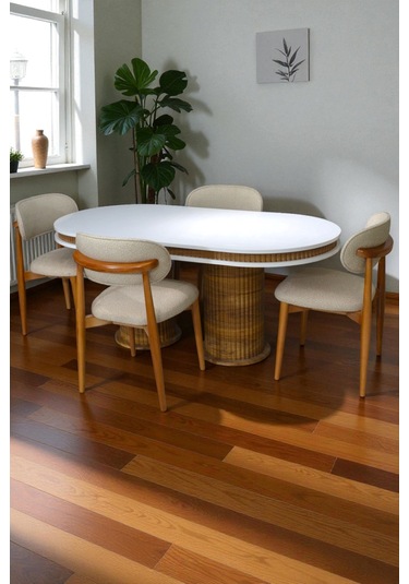 Bohem İskandinav Masa Sandalye Takımı 4 Adet Polo Sandalye Beyaz Mebranlı Mdf Oval Masa-modern Kahverengi