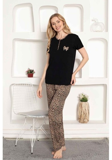 Monox Kadın Leopar Baskı Kısa Kol Uzun Alt Pijama Takımı Siyah
