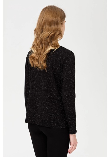 Desen Triko Kadın V Yaka Kolları Düğmeli Simli Bluz 23393 Siyah Siyah