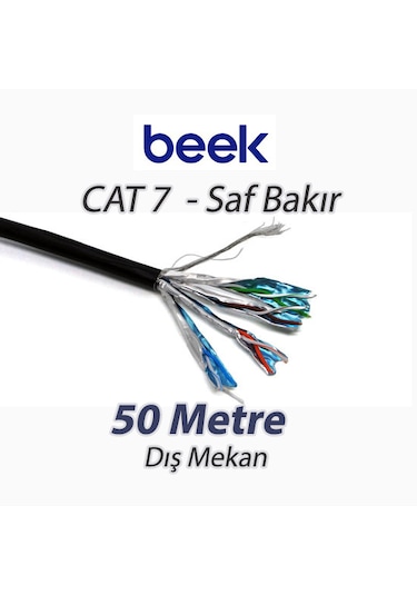 Beek Cat7 Saf Bakır S/ftp Awg23 Spe Dış Mekan Data Kablosu, Siyah Renk 50 Mt