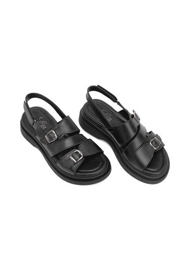 Elit Vesta Kadın Hakiki Deri Düz Sandalet Siyah Siyah