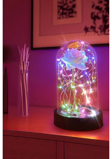 Anneler Gününe Özel Beyaz Gül Rgb Fanus Lamba Usb'li Yapay Çiçek Dekoratif Aydınlatma Hediyelik