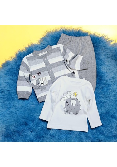 Fil Nakışlı Hırkalı Erkek Bebek Takım gri