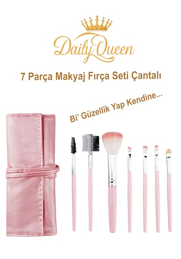 Daily Queen 7 Parça Makyaj Fırça Seti Penbe Deri Çantalı Lüx Ve Kaliteli