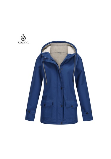 Yeni İlkbahar Ve Sonbahar Kapüşonlu Rüzgarlık Kompozit Kadife Kadın Ceketi Mavi