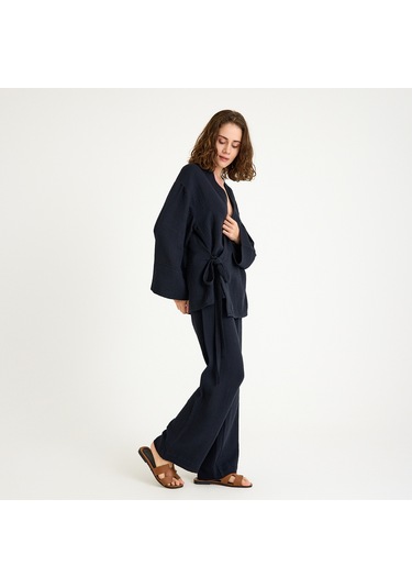 %100 Pamuklu Dokuma İçten Bağlamalı Müslin Kimono-pantolon Alt Üst Takım Siyah