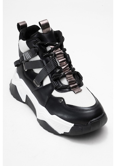 Clara Siyah Beyaz Fermuarlı Ve Bağcıklı Kadın Spor Bot Siyah - Beyaz