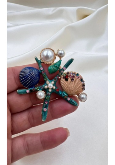 Bb Deniz Yıldızı İnci Taneli Broş Altın -  Mavi