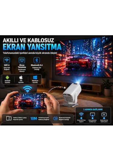 4k Destekli Android 13 Akıllı Projeksiyon Cihazı Wifi 6 Bluetooth 5.4 Full Hd Mini Projektör