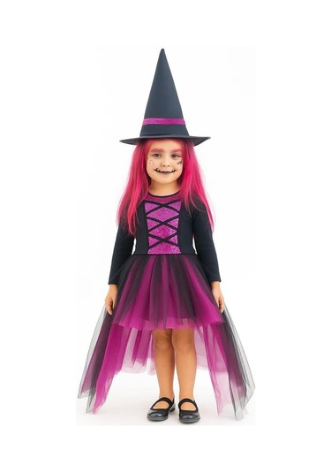 Cadılar Bayramı Halloween Fuşya-siyah Şapkalı Cadı Kız Çocuk Kostümü