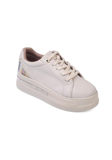 Shoetek Olala Kadın Sneakers Bağcıklı Arka Desenli Spor Ayakkabı Bej Deri Bej Cilt Bej