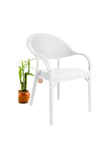 4 Adet Bambu Rattan Kollu Sandalye Koltuk Beyaz Beyaz