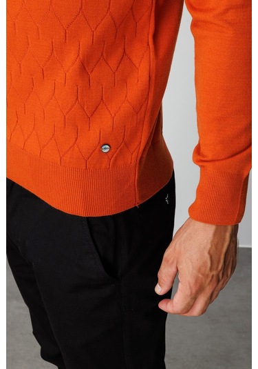 Turuncu Standart Fit Dar Kalıp Yarım Balıkçı Düz Uzun Kollu Triko-10096 Turuncu