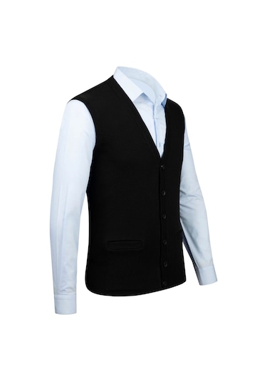 Çizgi Triko Erkek Büyük Beden V Yaka Düğmeli Desenli Çelik Örgü Yelek 4241lb Siyah Siyah