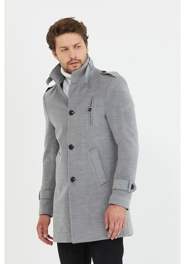 Erkek Açık Gri Dar Kesim Dik Yaka Uzun Kaşe Kaban-Açık Gri