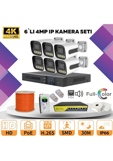 6'lı Güvenlik Ip Kamera Seti - 4mp Dış Mekan Kamera, 3.6mm Lens, H.265, Poe, Warm Led Gece Görüşlü