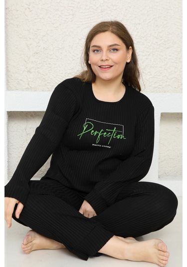 Fames Pijama Büyük Beden Fitilli Pijama Takim Siyah