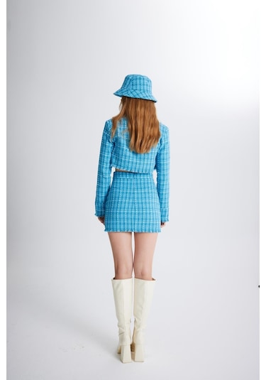 Holly Lolly Tüvit Kumaş Crop Tweed Ceket Mavi