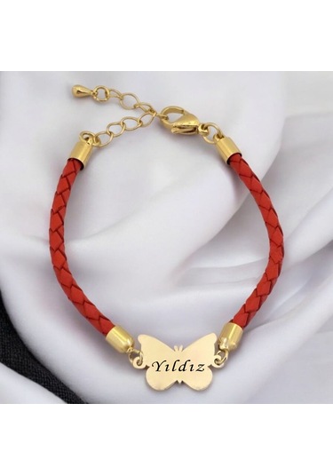 Yıldız İsmine Özel Kelebek Motifli 14 Ayar Altın Plakalı Turuncu Derili Hediye Bileklik-502isim Yıldız