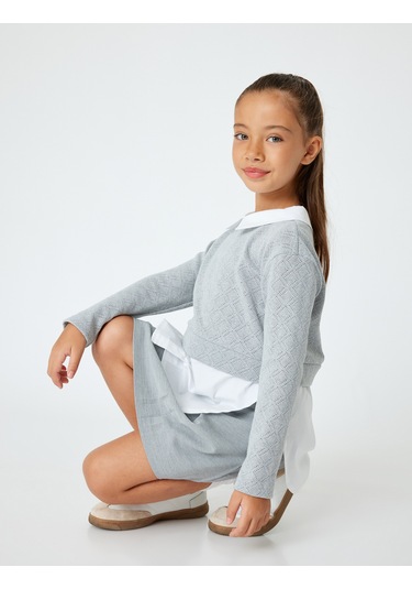 Koton Gömlek Detaylı Sweatshirt Çift Kumaş Detaylı Gri 5wkg10349ak Gri