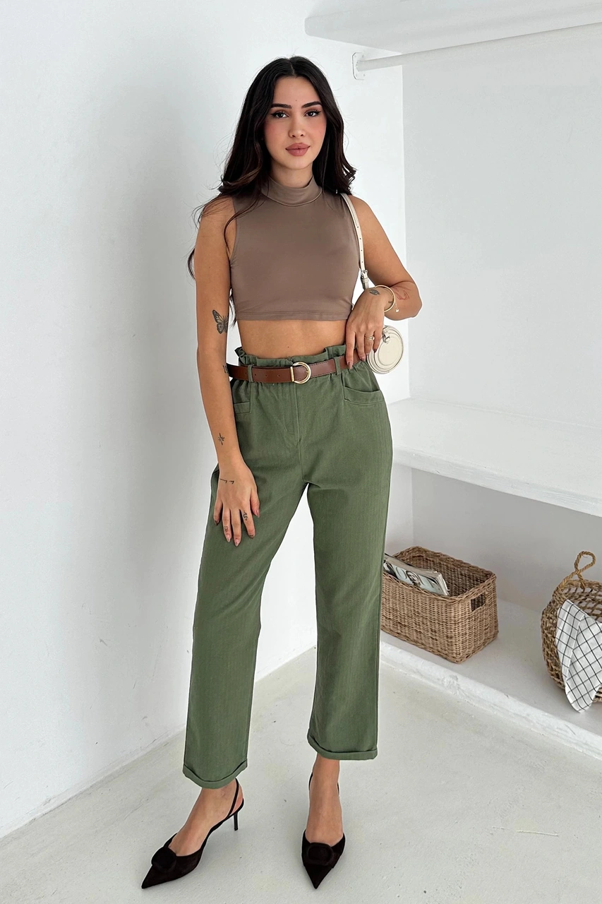 Yıkamalı Pamuk Yağmur Gabardin Yüksek Bel Pantolon Haki Haki