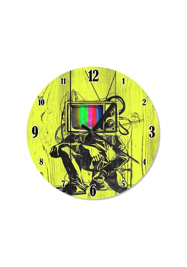 Ahşap Zeminde Tv Ekranı Kafalı Adam Duvar Saati Ahşap