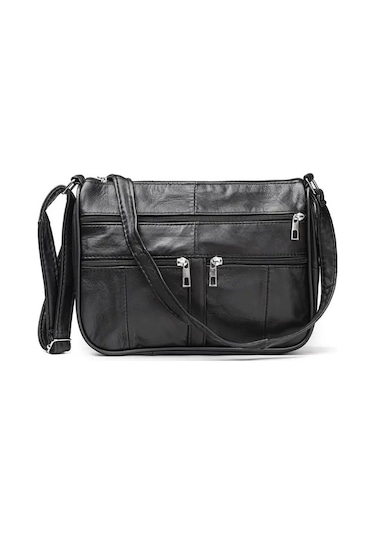 Hakiki Deri Fermuarlı Kapaksız Kadın Omuz Çantası Siyah