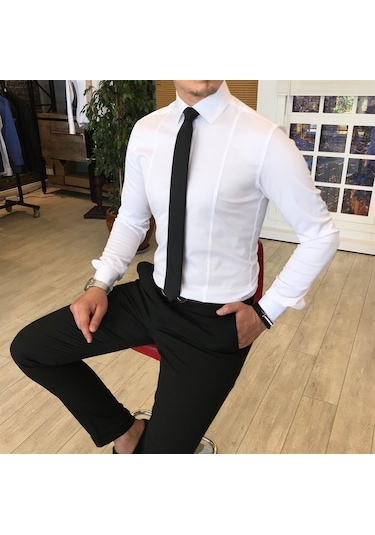 Italyan Stil Slim Fit Erkek Kravat Yaka Gömlek Beyaz T4775