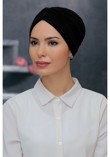 Siyah Pratik Hazır Geçmeli Tesettür Bone Sandy Kumaş Taçlı Büzgül (545490227) Siyah