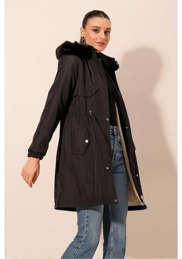 Gabria Kapüşonlu Kaban Siyah