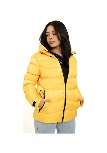 Kadın Sarı Kapüşonlu Içi Polarlı Kürklü Su Geçirmez Rüzgara Dayanıklı Şişme Mont Kaban Parka Sarı