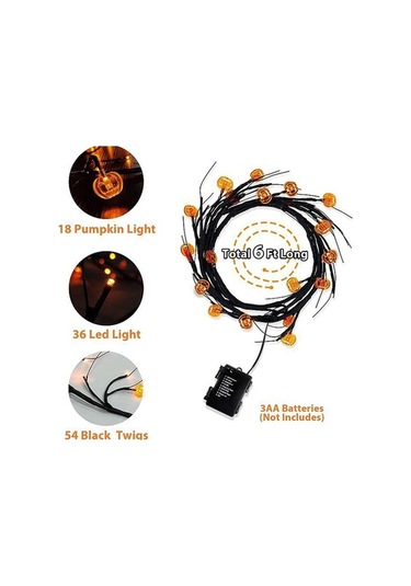 Dancemonkey Cadılar Bayramı Çelenk Işıkları 1.8m 54 Led 8 Mod Kabak Yarasa Örümcek Söğüt Asma Dal Işıkları - Kabak / Sıcak Işık, Kabak / Soğuk Işık Çok Renkli