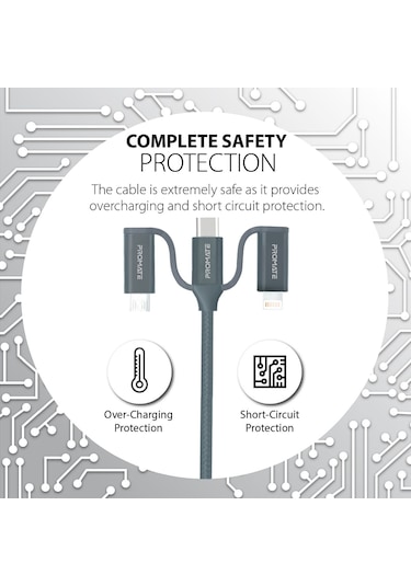 Promate Universal Lightning Type-C Micro-USB Şarj Kablosu Gri