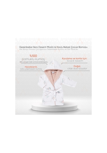 Gezenbebe Hero Desenli Müslin Ve Havlu Bebek Çocuk Bornozu 12 - 24 Ay