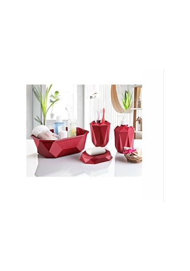 Bordo Prizma 4'Lü Banyo Seti - Banyo Organizer - Banyo Dekorasyon Kırmızı